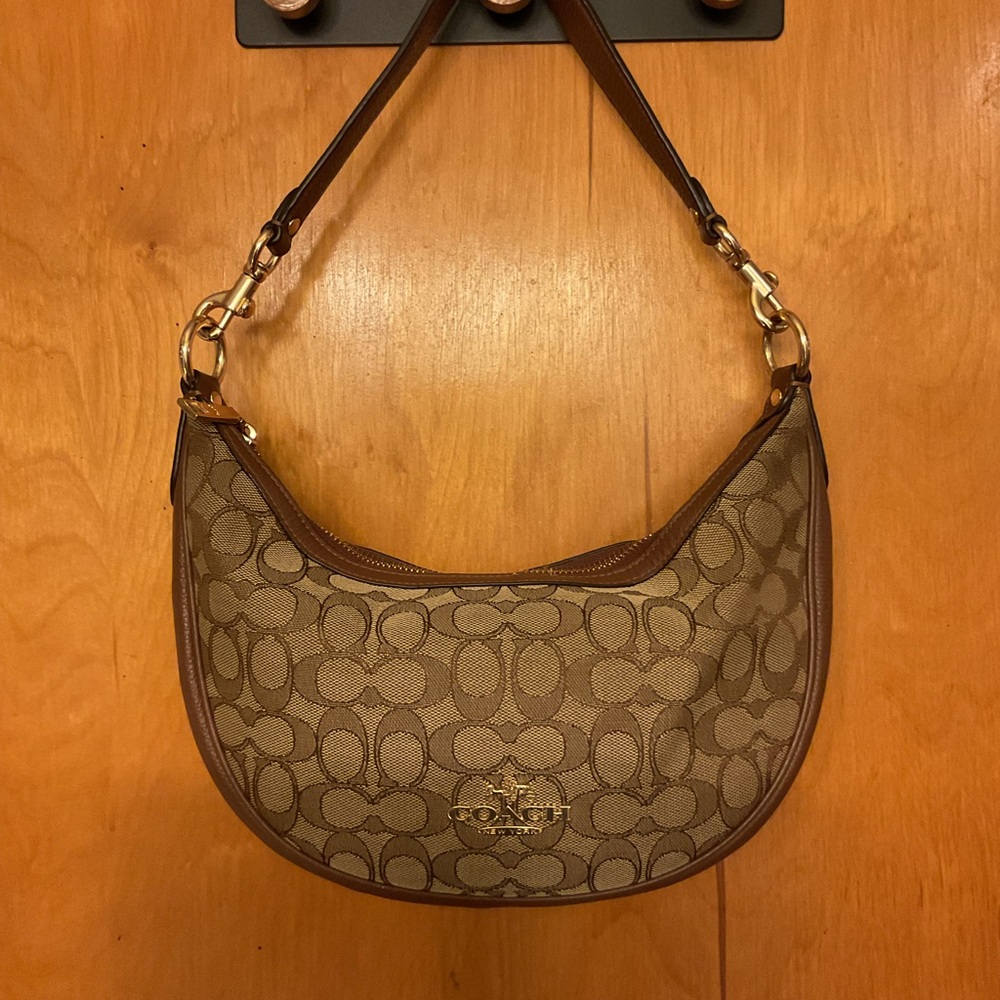 Coach Signature Canvas Tan and Brown Shoulder Bag with Crossbody Strap